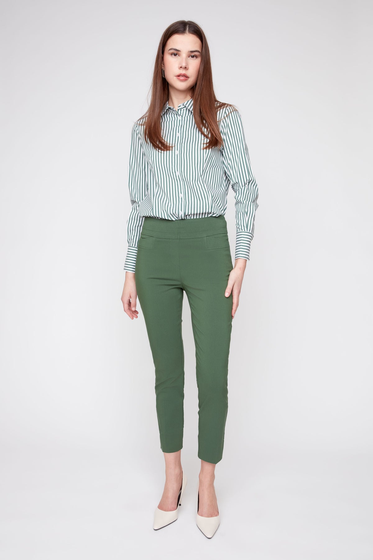 Olive green stretch slim ankle pull-on pants with tapered cuffed ankle length