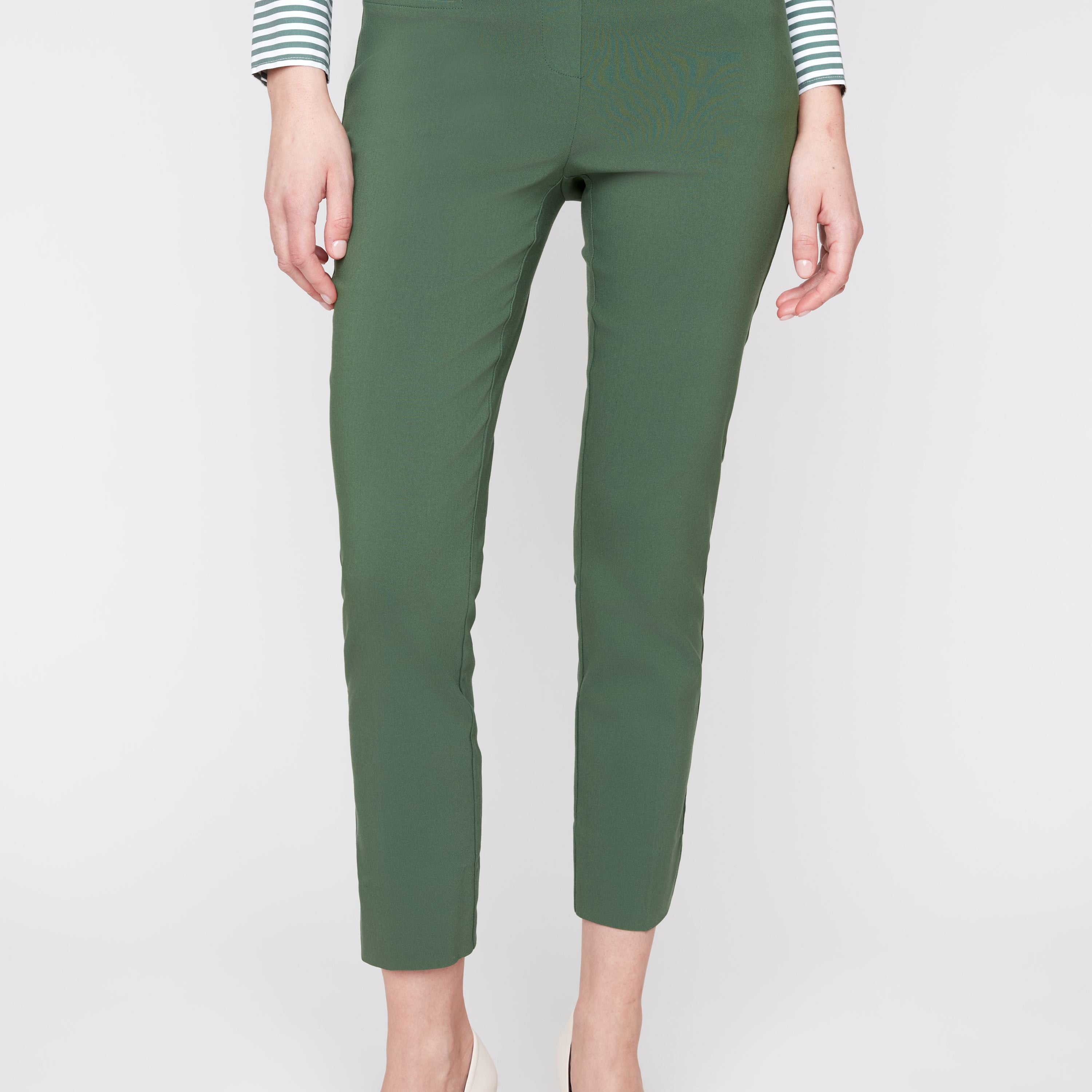 Olive green stretch pull-on slim ankle pants, back view with contoured waistband