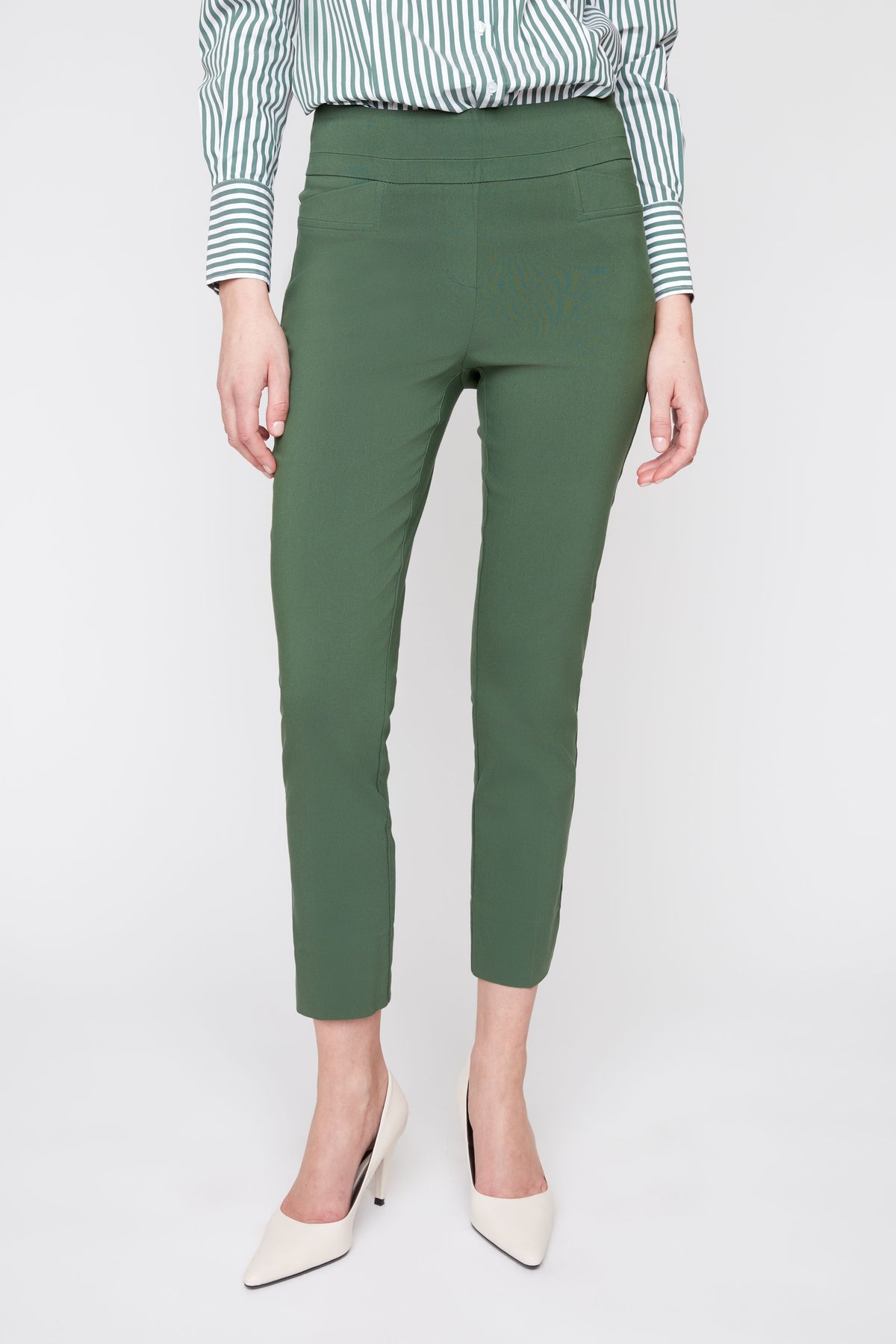 Olive green stretch pull-on slim ankle pants, back view with contoured waistband
