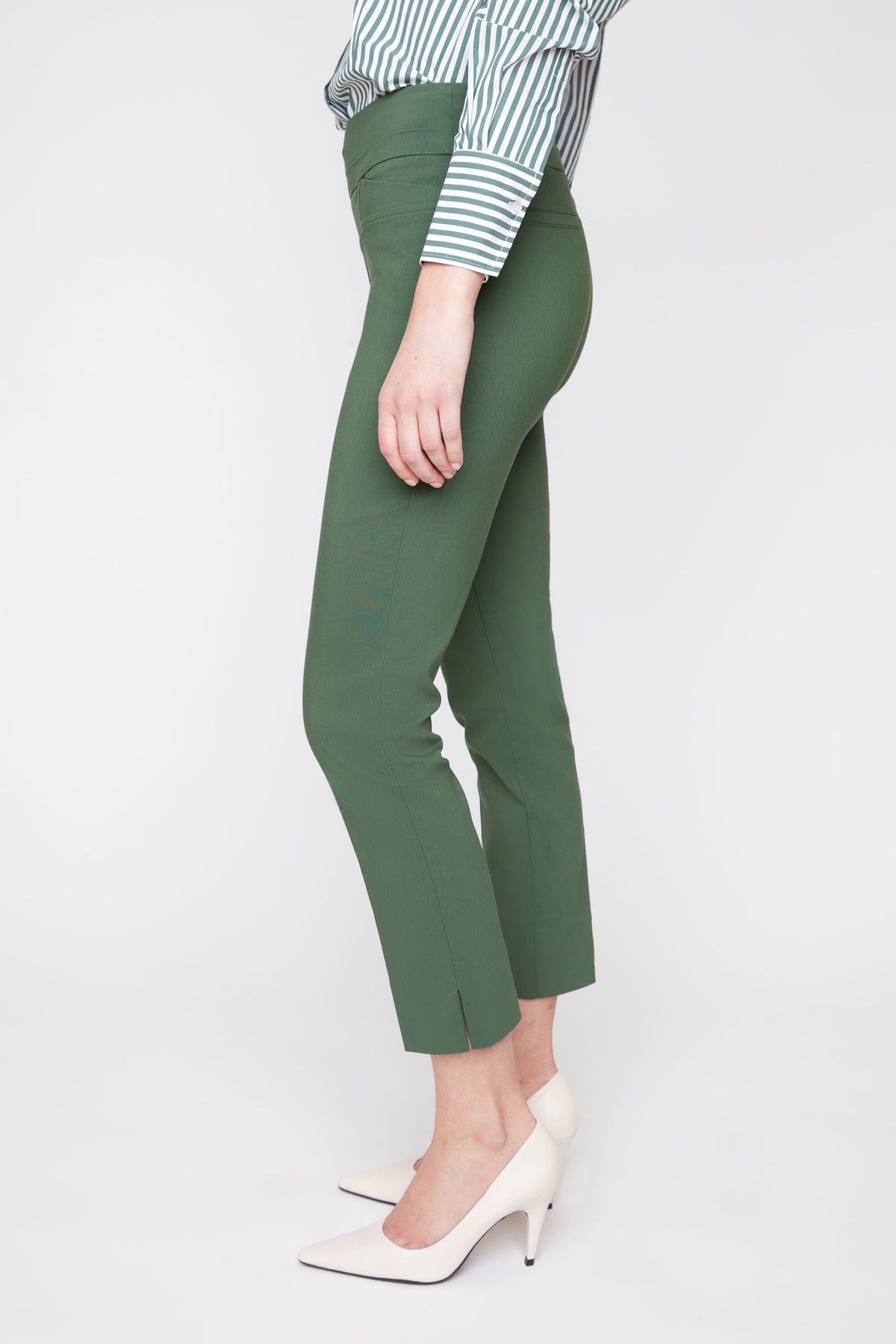 Olive green pull-on slim ankle pants, tapered cropped fit with smooth side seam