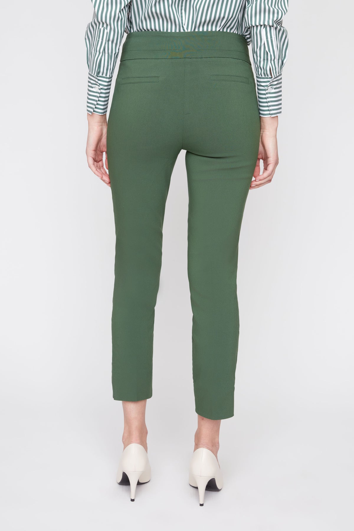 Olive green stretch pull-on slim ankle pants with flat waistband and tapered legs