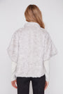 Grey faux fur poncho with high collar, cape sleeves, textured ruched front