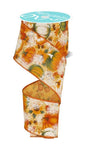 A spool of decorative ribbon with an autumn pumpkin and leaf pattern, featuring orange, green, and white motifs on a cream background with a glittery finish. The spool has a light blue label at the top.