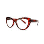 Red and black tortoiseshell eyeglasses on a white background