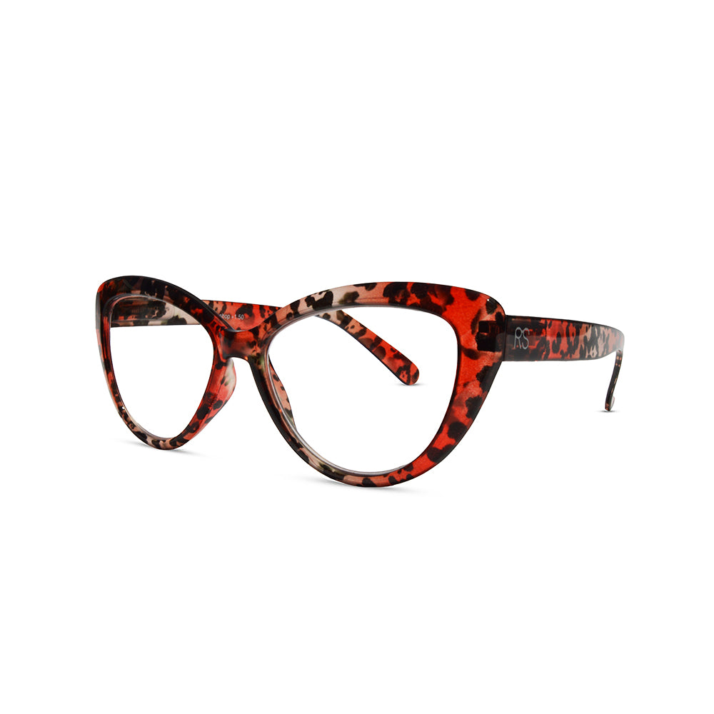 Red and black tortoiseshell eyeglasses on a white background