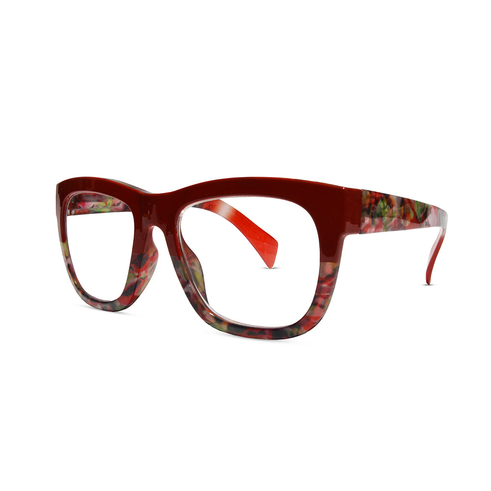 Red and multicolored eyeglasses on a white background
