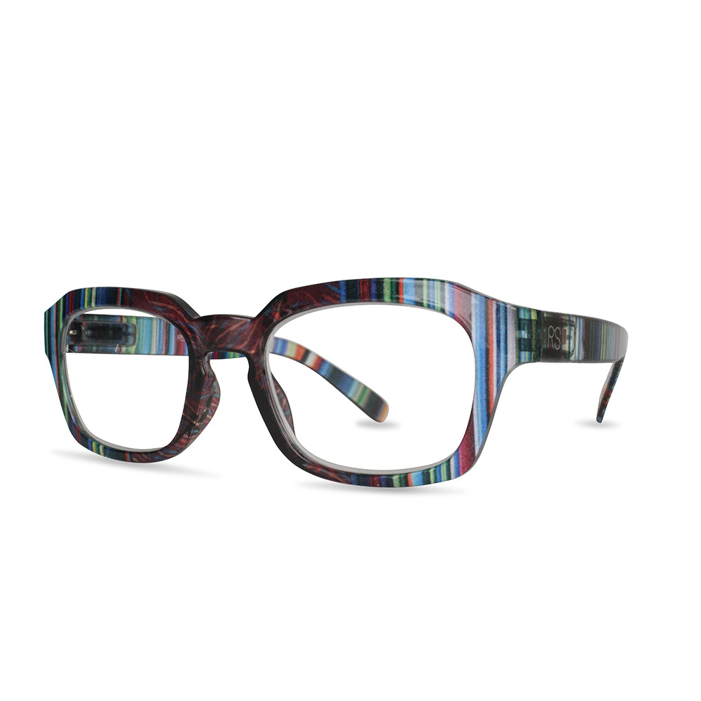 Multicolored striped eyeglasses on a white background