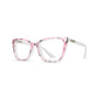 Pink and white cat-eye eyeglasses with a floral pattern on the front frames and clear temples, shown on a white background.