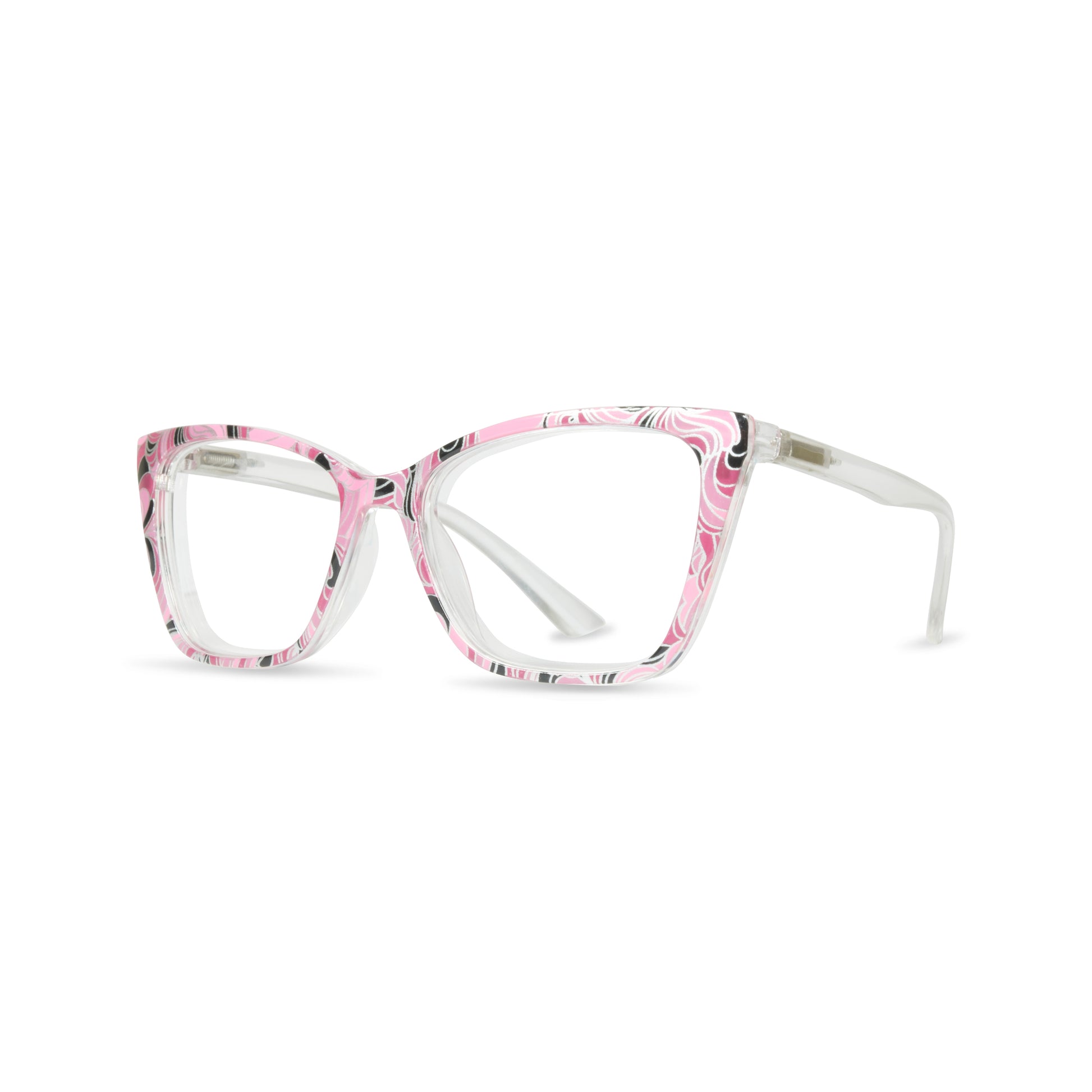 Pink and white cat-eye eyeglasses with a floral pattern on the front frames and clear temples, shown on a white background.