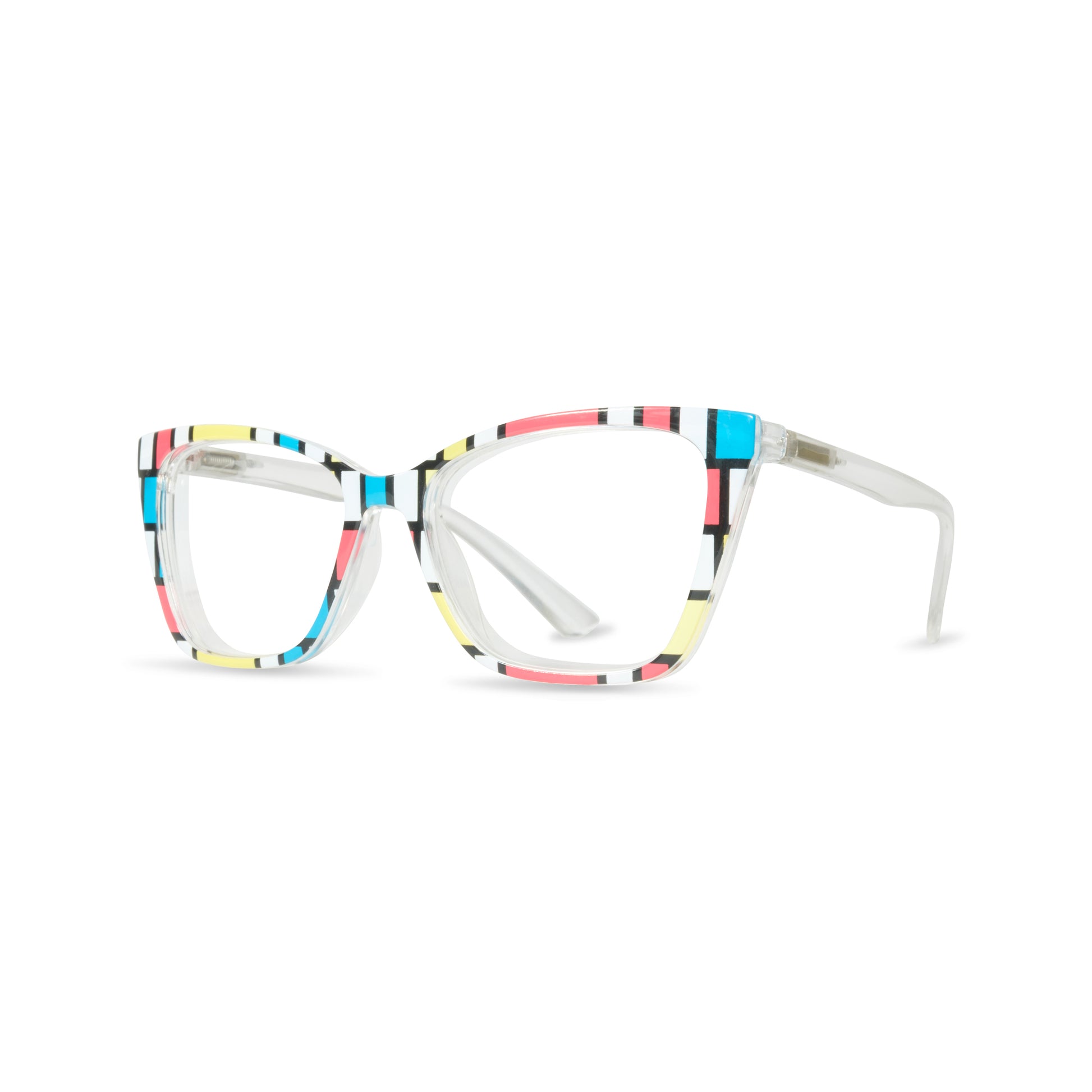 Cat-eye eyeglasses with a clear acetate frame featuring a colorful geometric pattern of pink, yellow, blue, black, and white stripes, shown on a white background.
