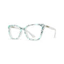 A pair of cat-eye eyeglasses featuring a clear acetate frame with a black and mint green geometric pattern on the front, and solid white temples.