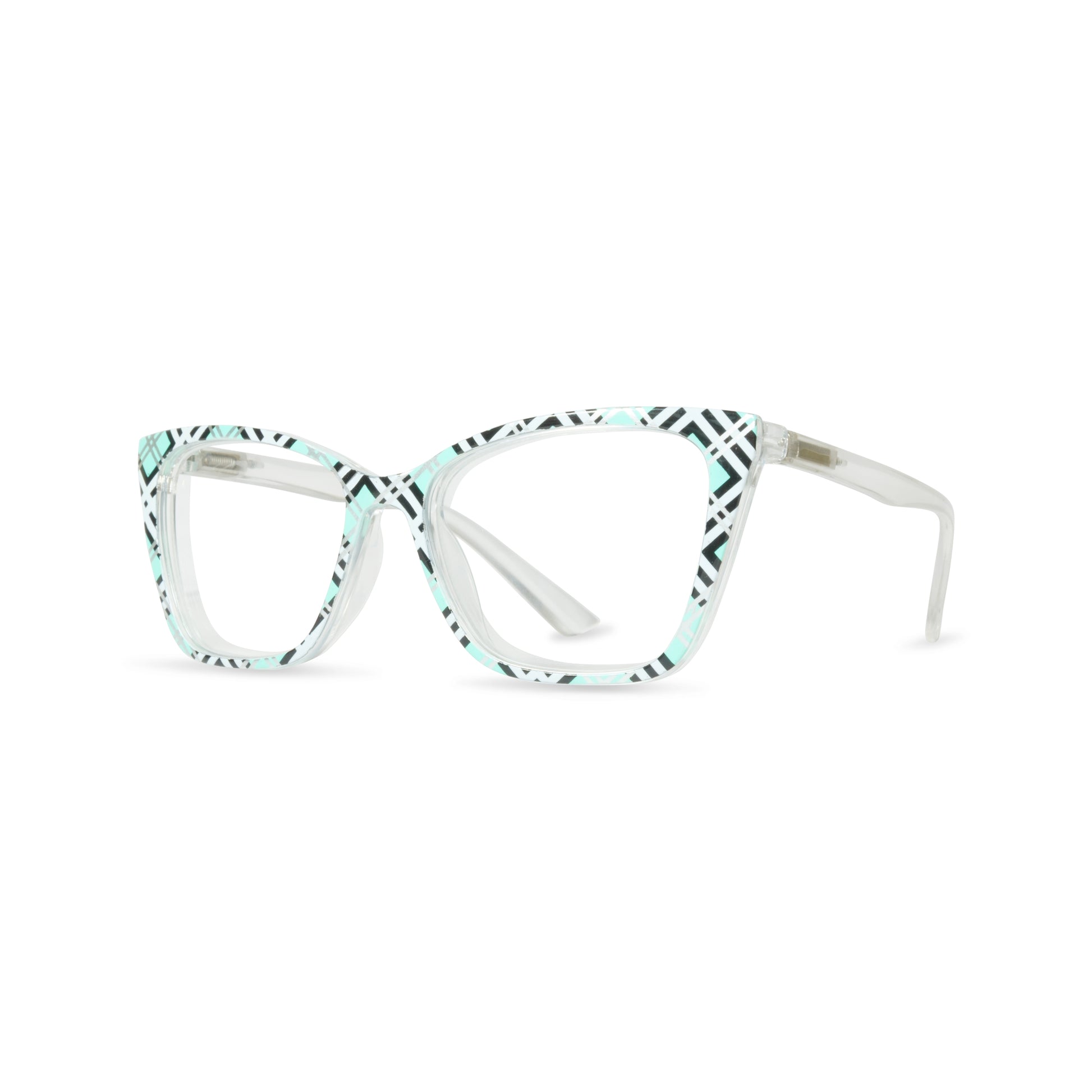 A pair of cat-eye eyeglasses featuring a clear acetate frame with a black and mint green geometric pattern on the front, and solid white temples.