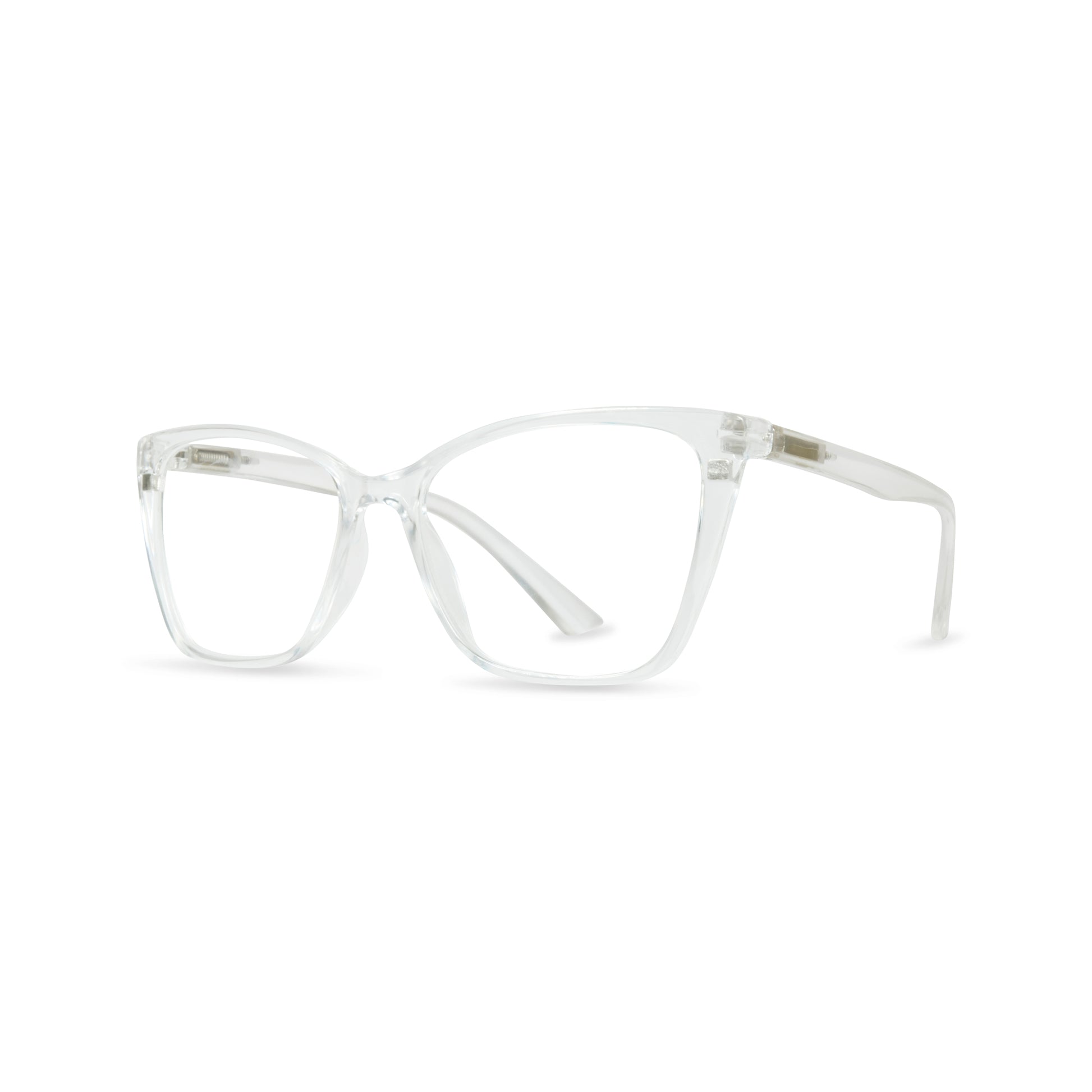 Clear acetate eyeglass frames with a rounded cat-eye shape, shown on a plain white background.