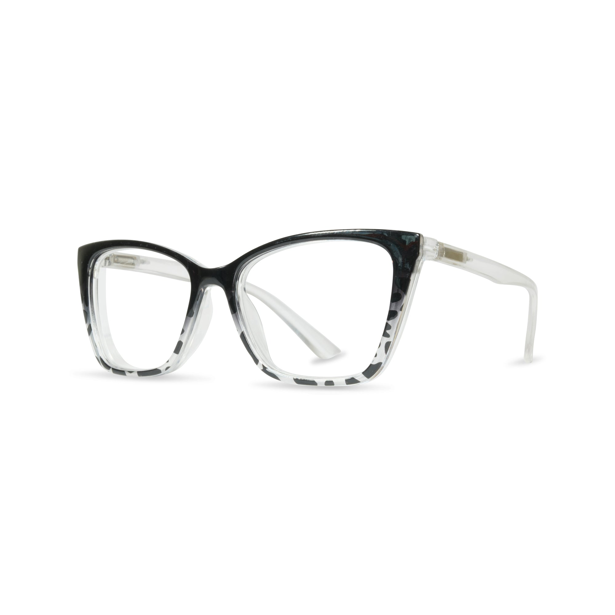 Cat-eye eyeglasses featuring a black and white marbled acetate front frame with clear lenses and white temples.