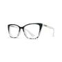 Cat-eye eyeglasses featuring a black and white marbled acetate front frame with clear lenses and white temples.