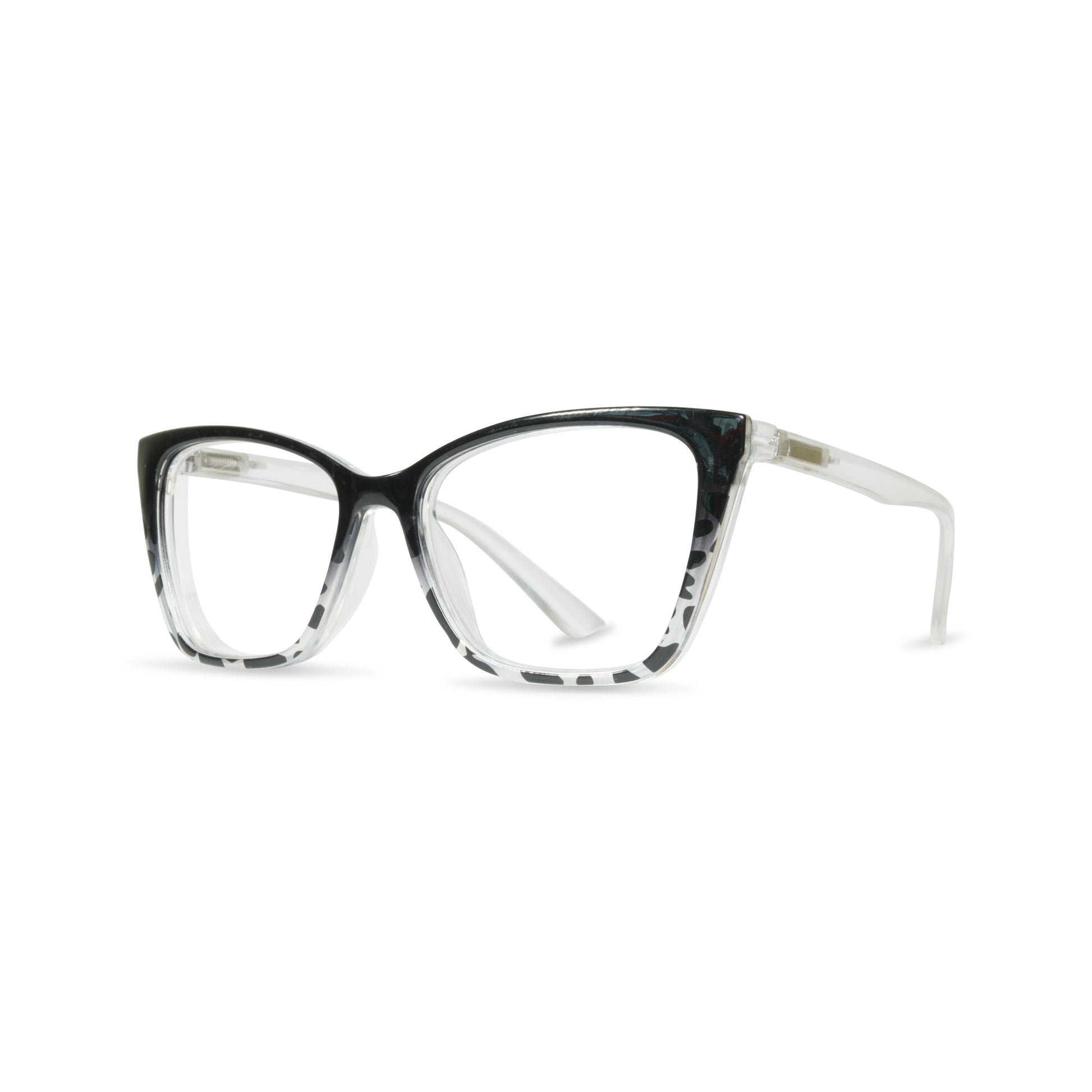 Cat-eye eyeglasses featuring a black and white marbled acetate front frame with clear lenses and white temples.