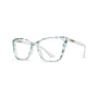 Cat-eye eyeglasses with a clear acetate frame featuring a blue and white speckled pattern, shown on a plain white background.
