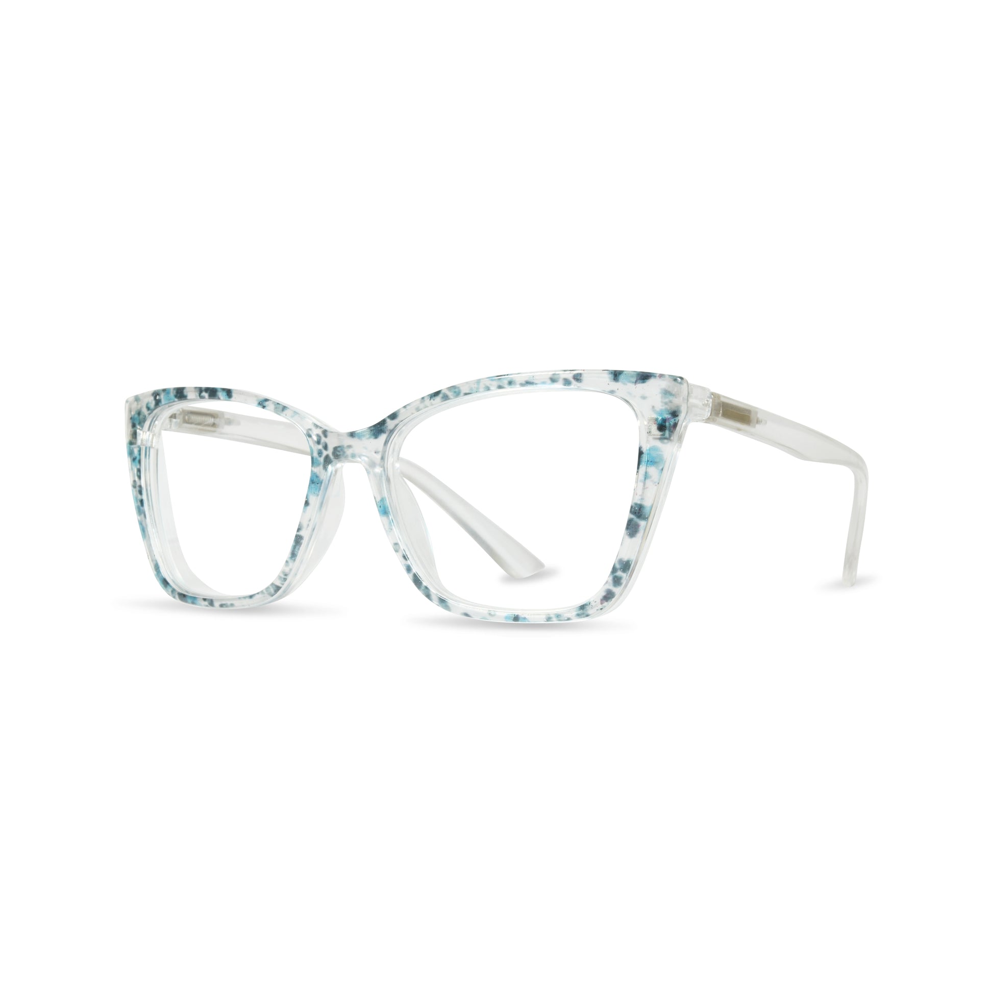 Cat-eye eyeglasses with a clear acetate frame featuring a blue and white speckled pattern, shown on a plain white background.
