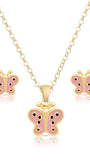 Butterfly necklace and earrings set with pink butterfly design on a white background