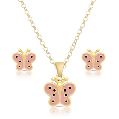 Butterfly necklace and earrings set with pink butterfly design on a white background