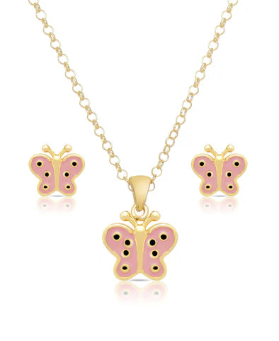 Butterfly necklace and earrings set with pink butterfly design on a white background