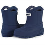 Pair of navy blue rubber boots on a white background