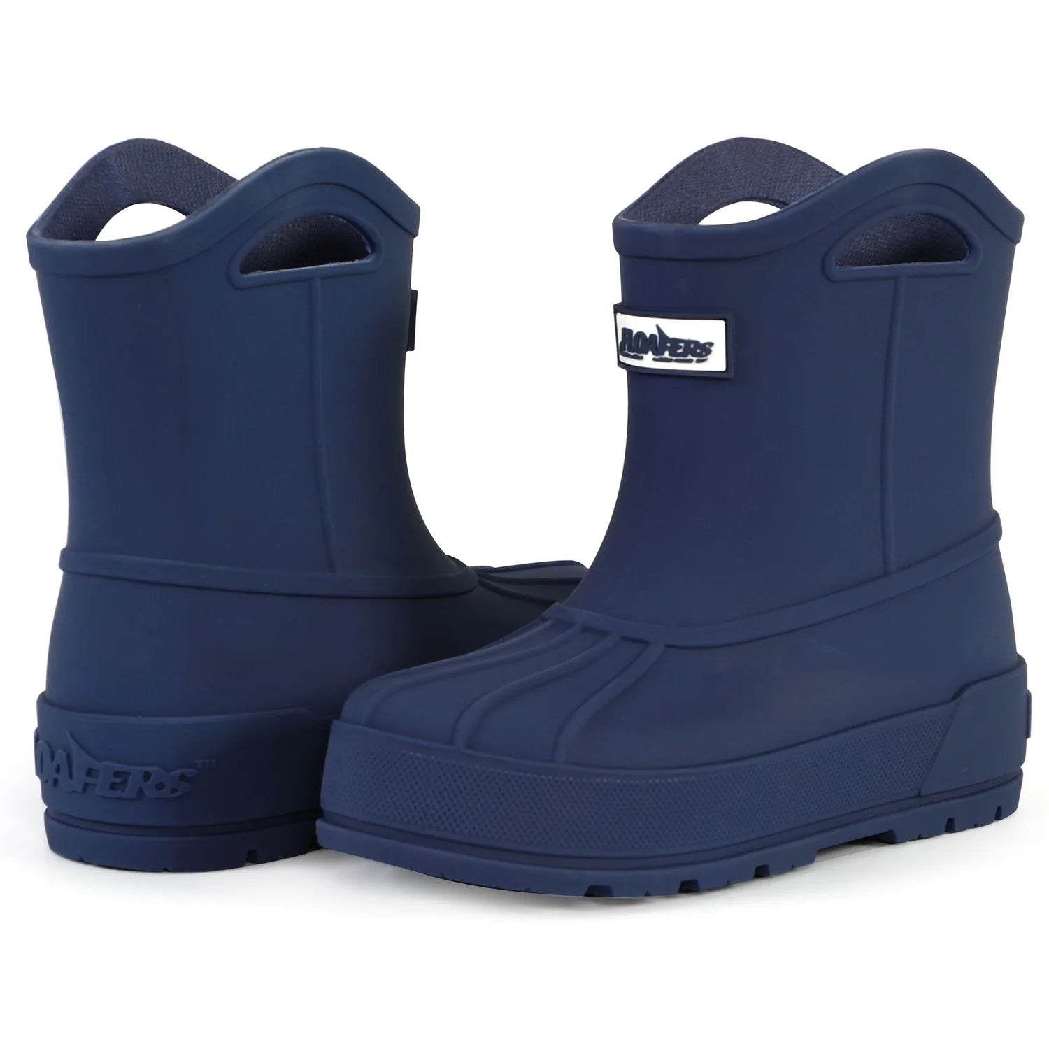 Pair of navy blue rubber boots on a white background