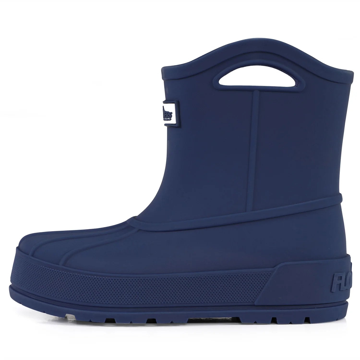 Blue rubber boot with a handle on a white background