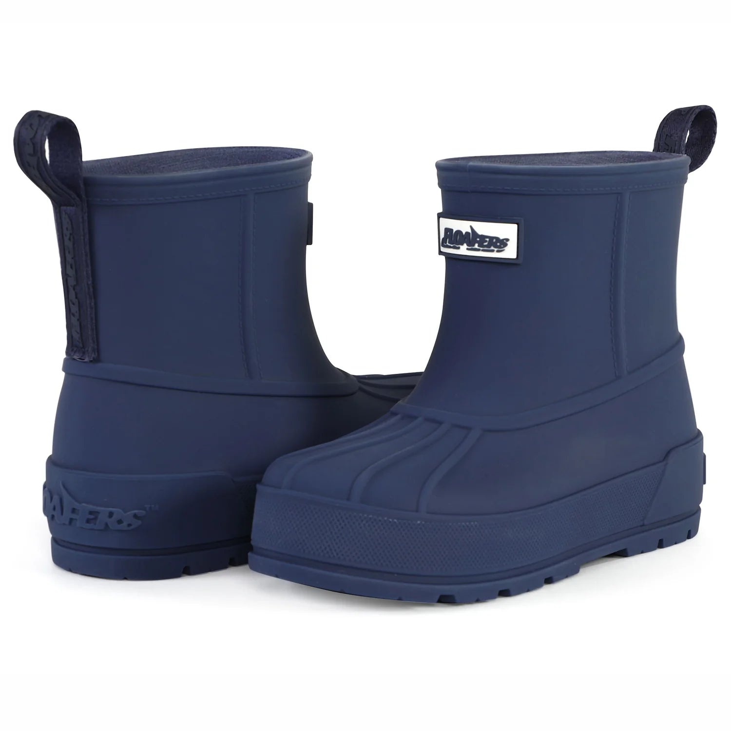 Pair of navy blue rubber boots with a brand label on a white background