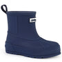 Navy blue rubber boot with a brand label on a white background