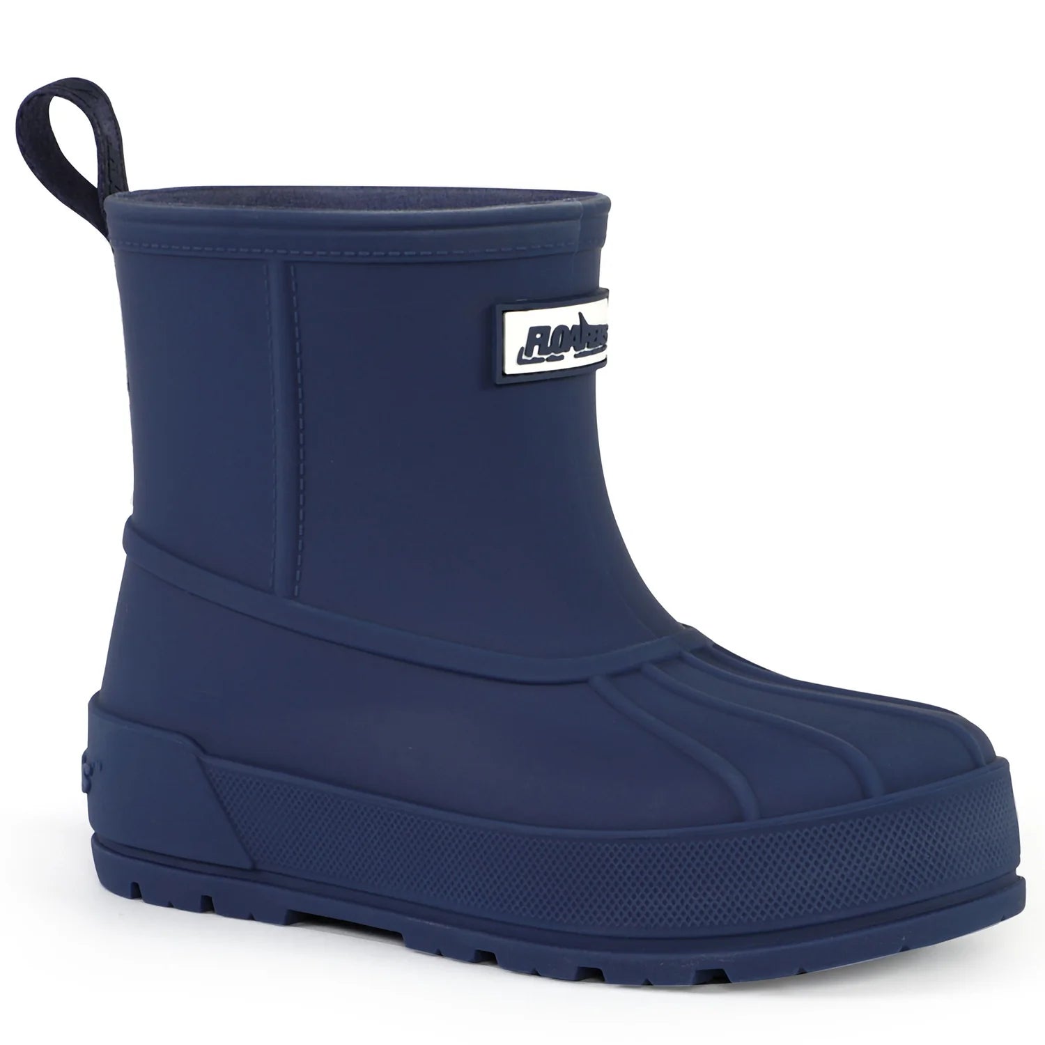 Navy blue rubber boot with a brand label on a white background