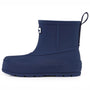 Navy blue rubber boot with a white background