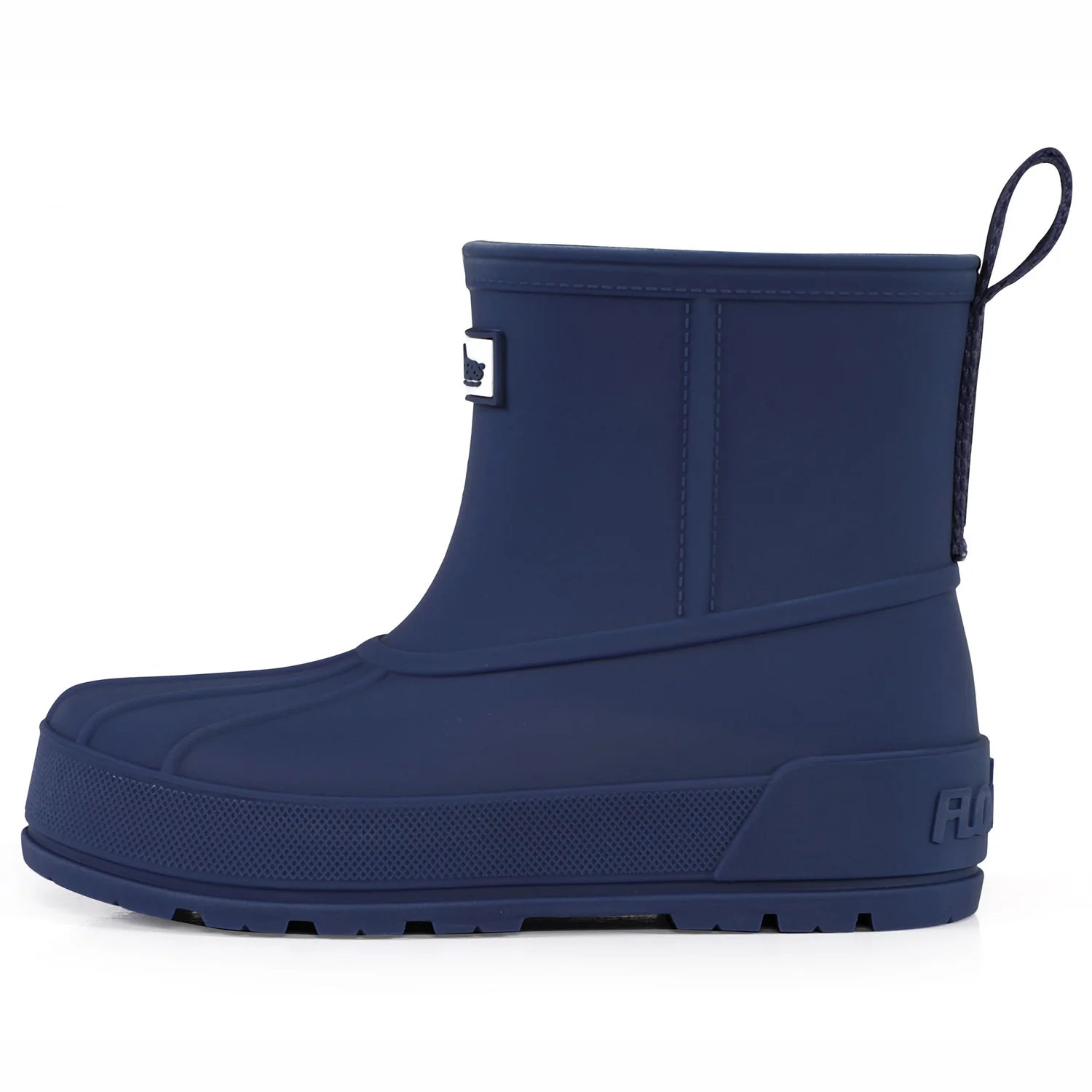 Navy blue rubber boot with a white background