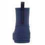 Navy blue rain boot with a black pull tab on a white background