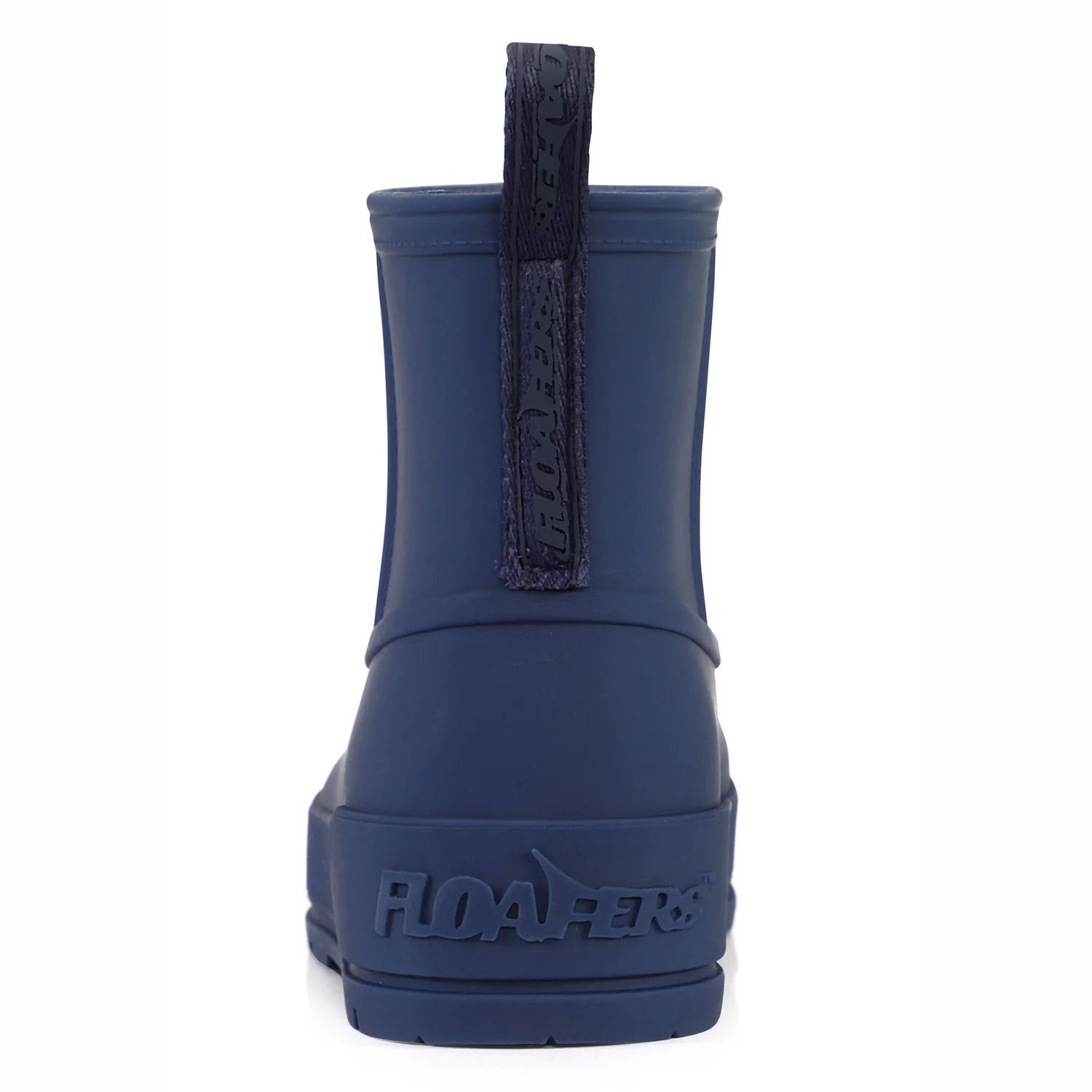 Navy blue rain boot with a black pull tab on a white background