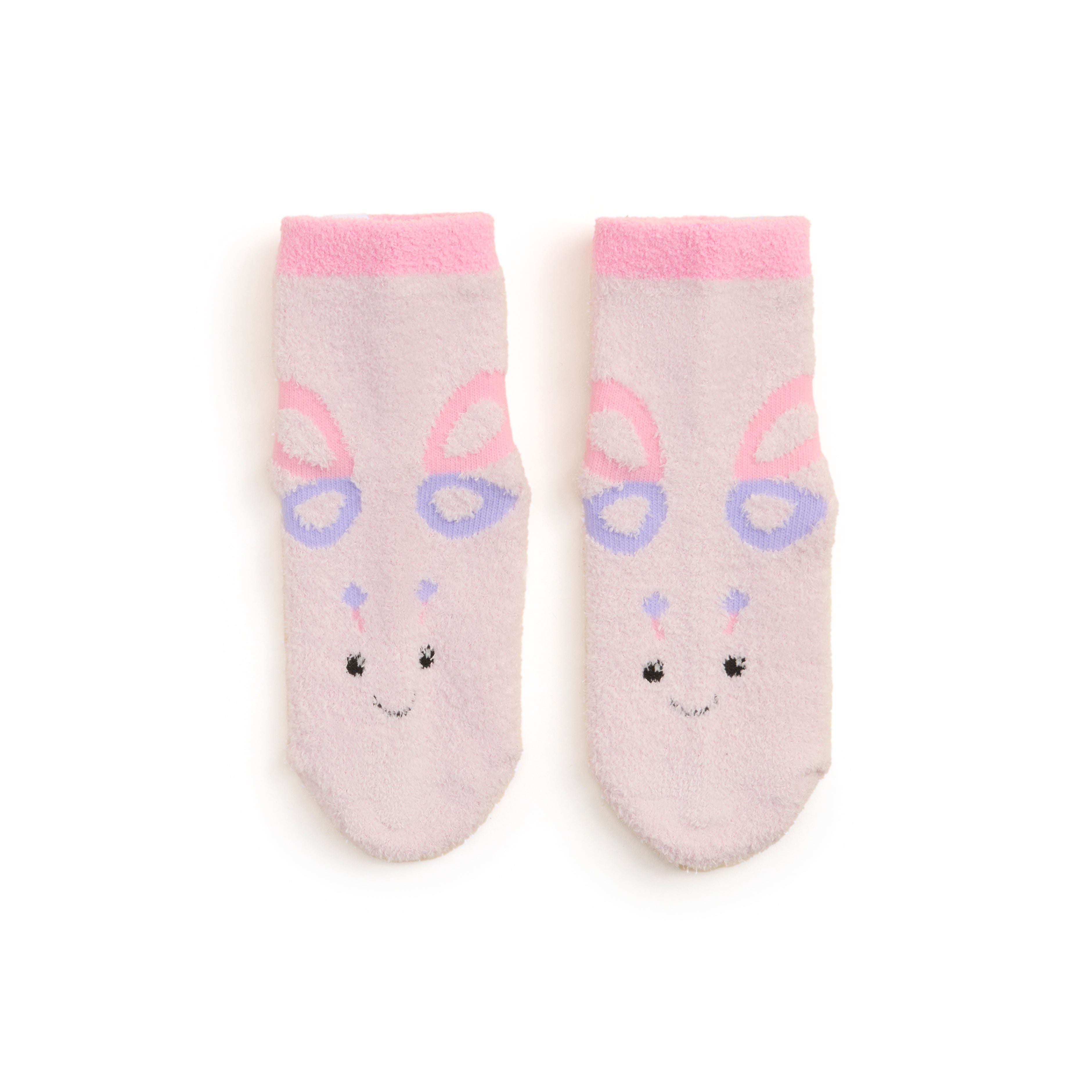 Pair of baby socks with bunny design on a white background