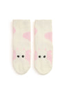 Pair of cream socks with pink cloud designs and black eyes on a white background