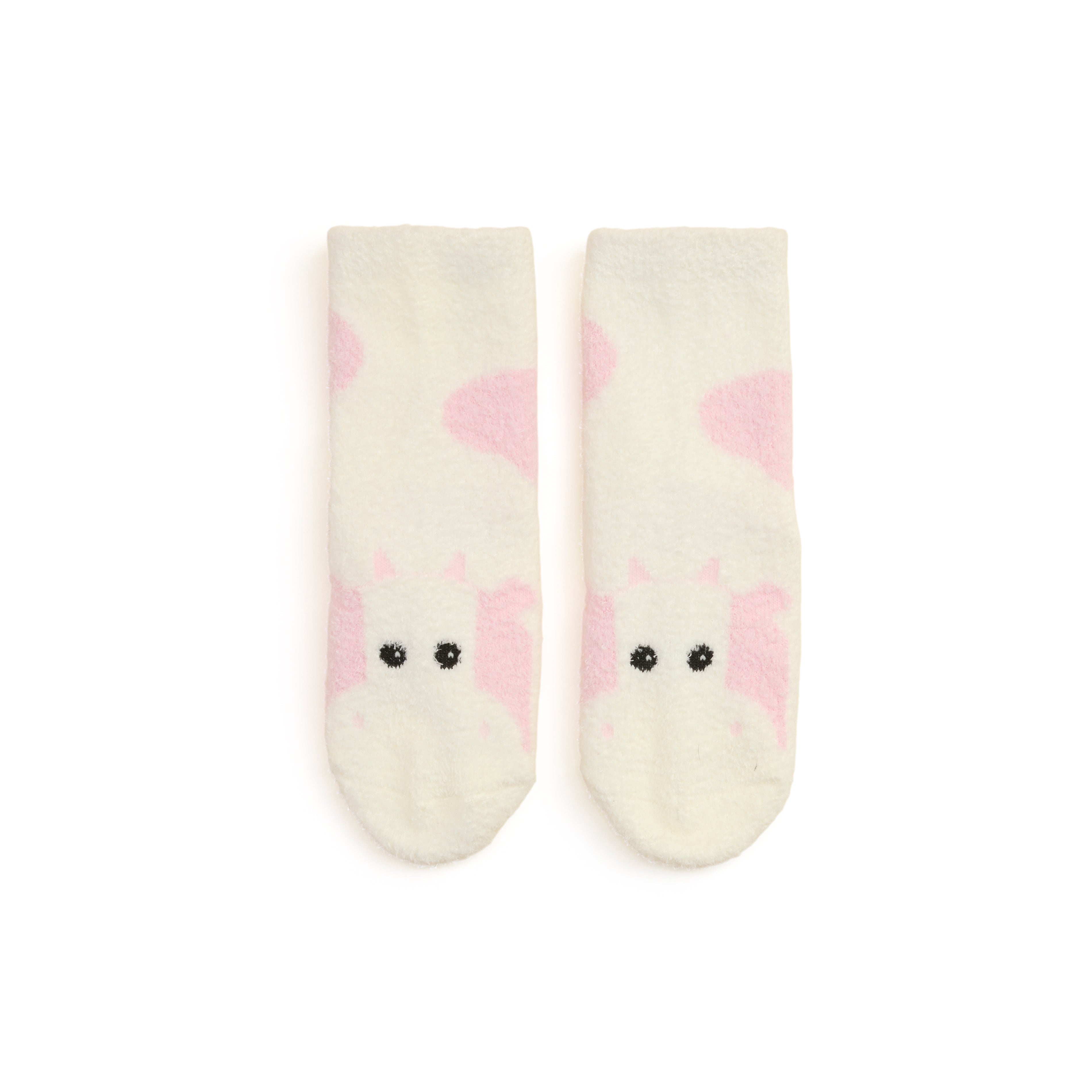 Pair of cream socks with pink cloud designs and black eyes on a white background