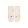 Pair of cream socks with pink cloud designs and black eyes on a white background