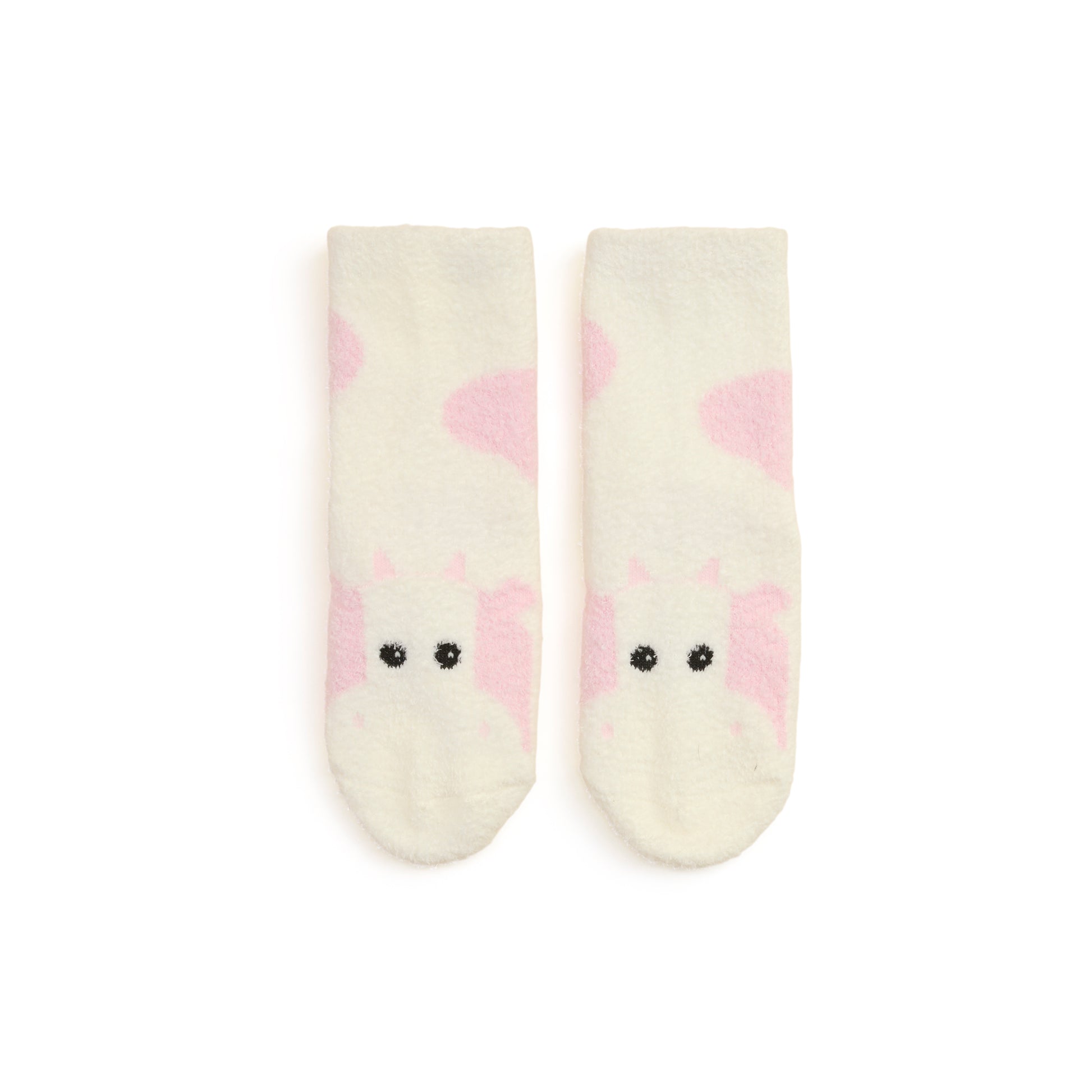 Pair of cream socks with pink cloud designs and black eyes on a white background