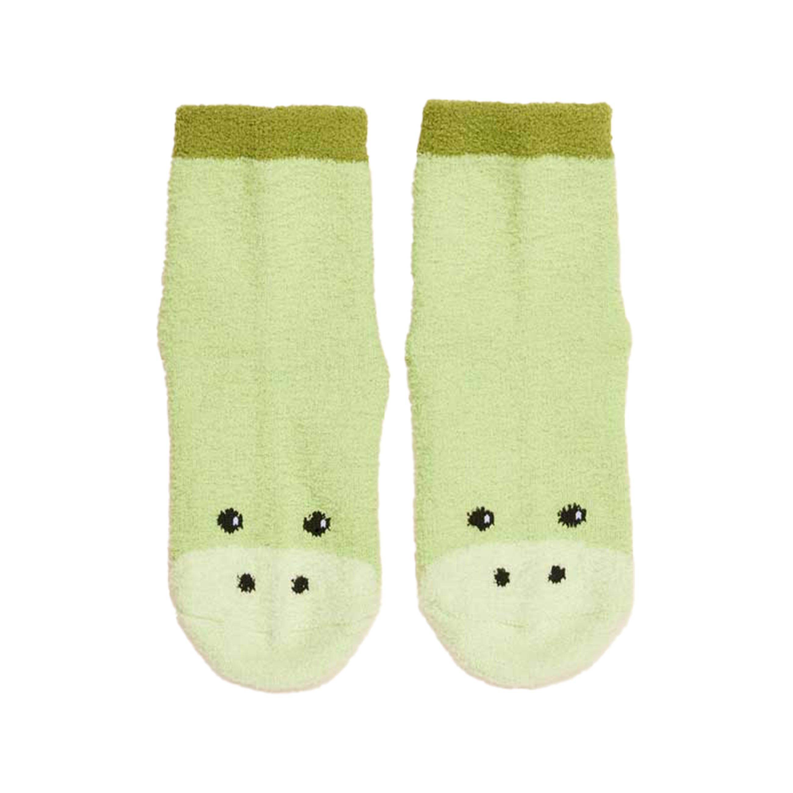 Pair of green socks with frog faces on a white background