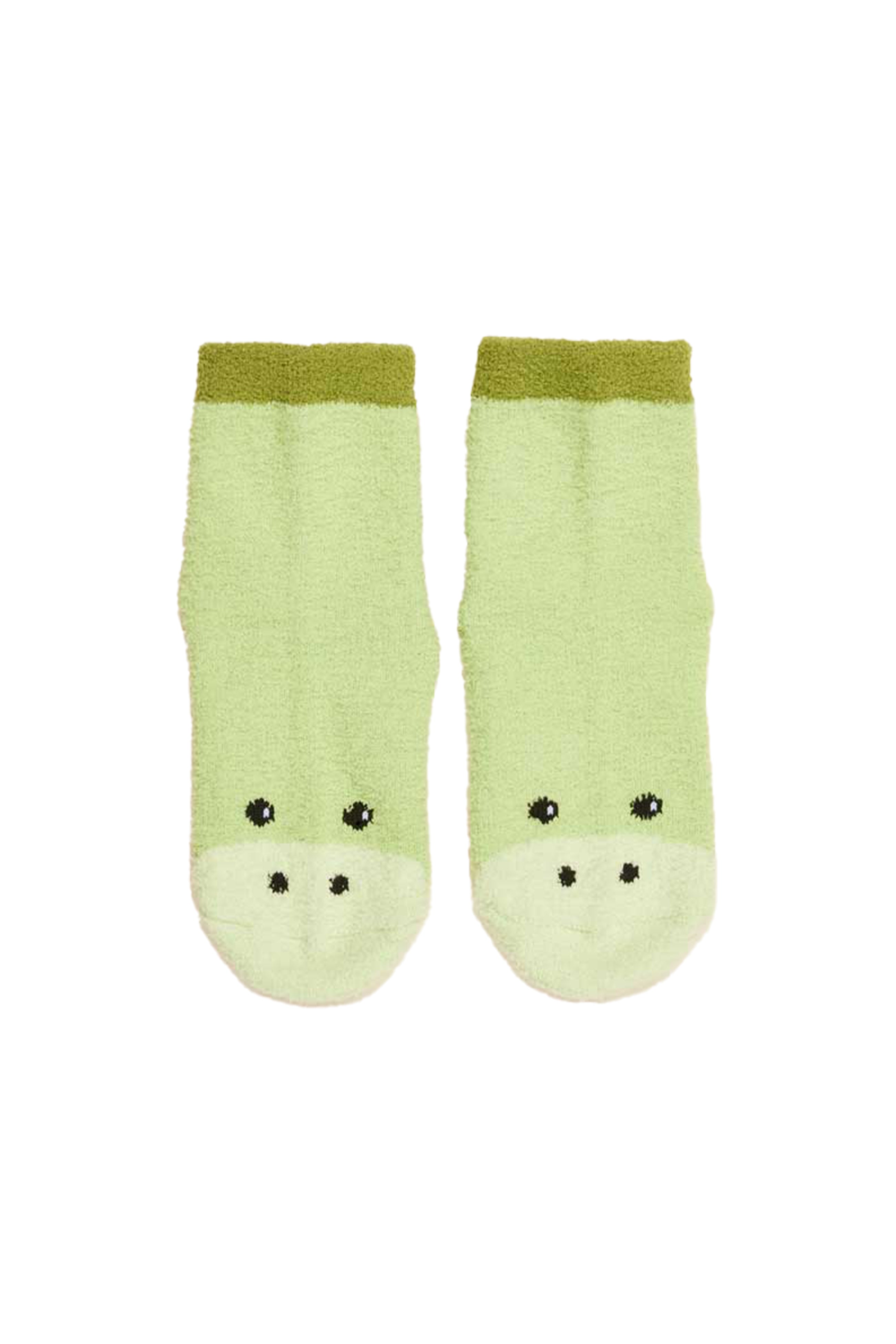 Pair of green socks with frog faces on a white background