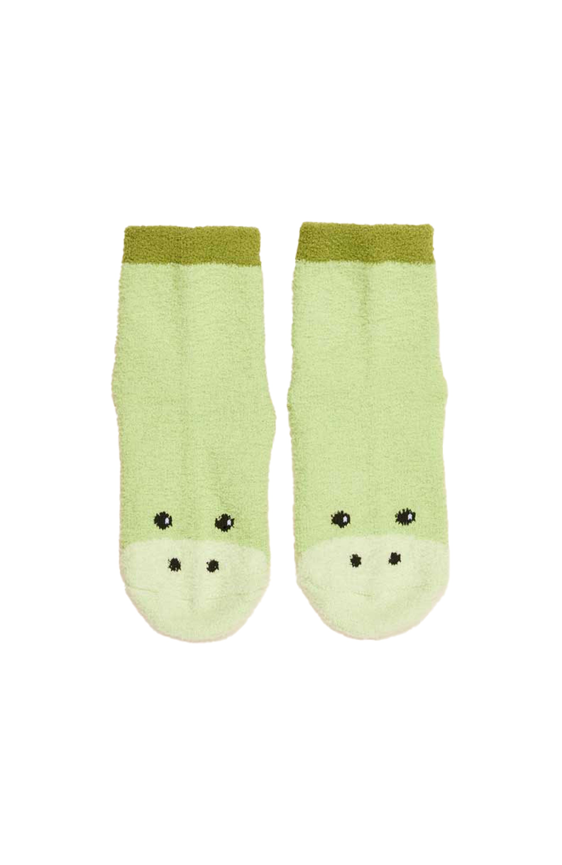 Pair of green socks with frog faces on a white background