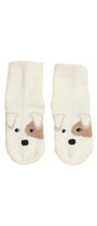 Pair of cream socks with dog face design on a white background