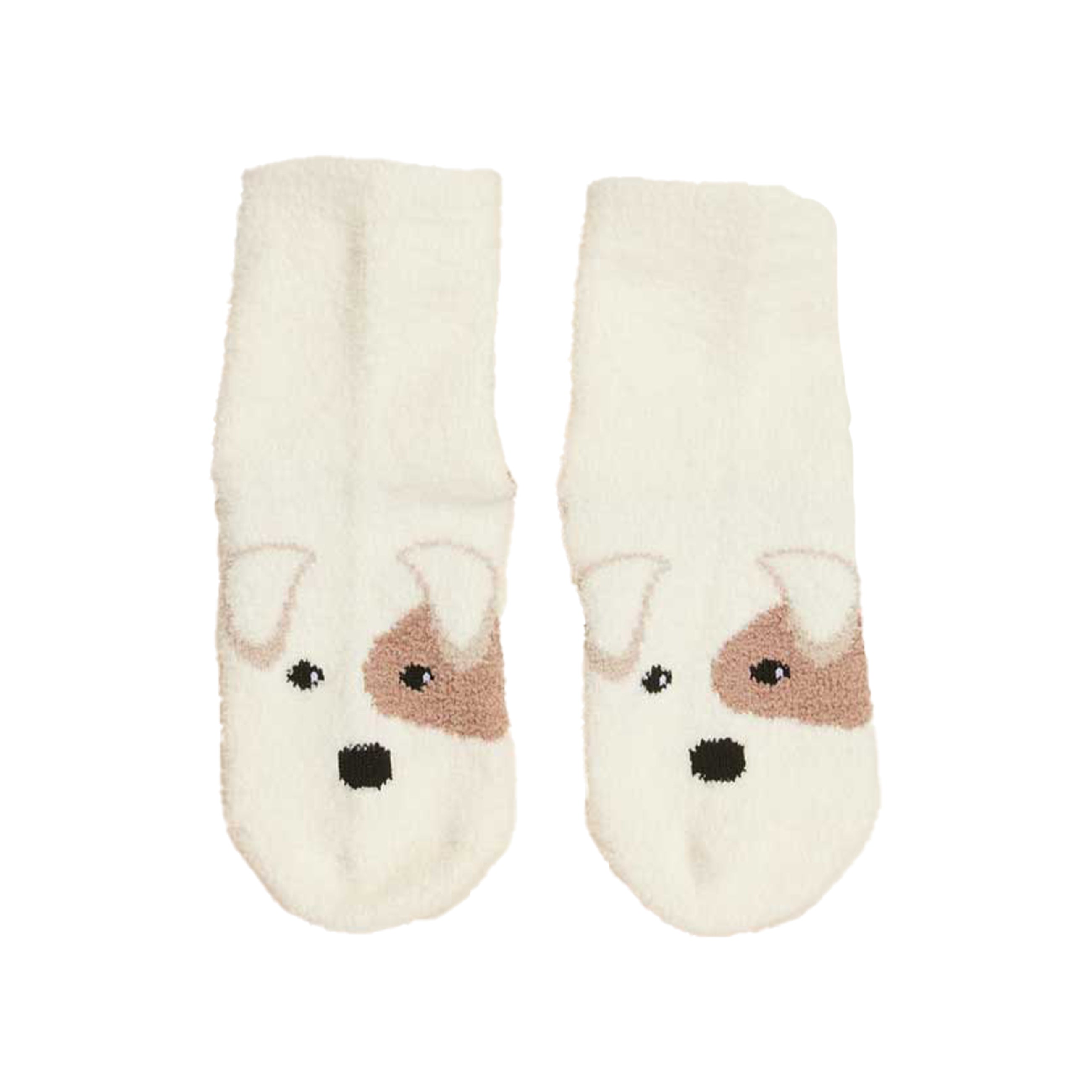 Pair of cream socks with dog face design on a white background