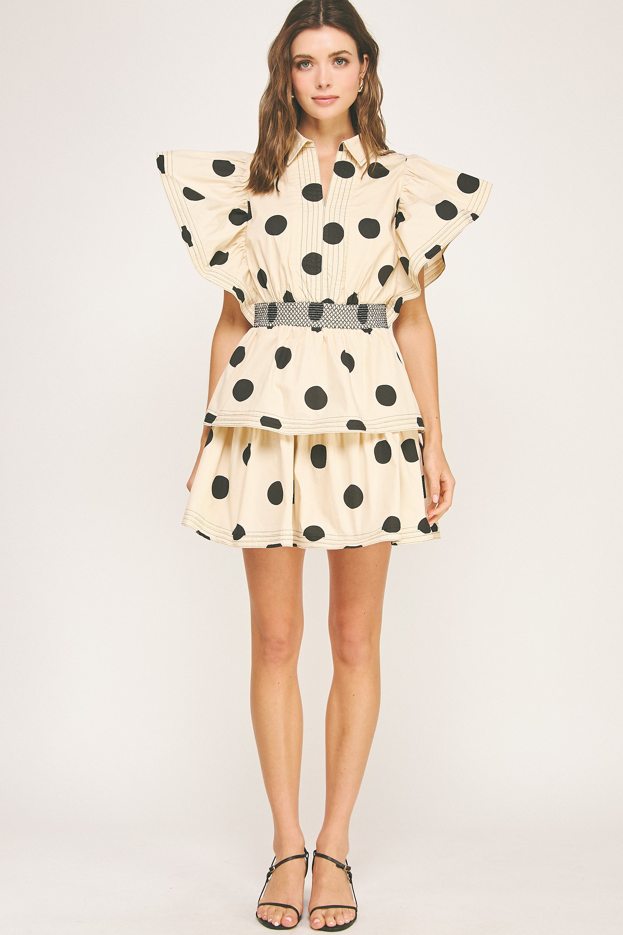 Top Stitch Statement Sleeve Polka Dot Tiered Mini Dress