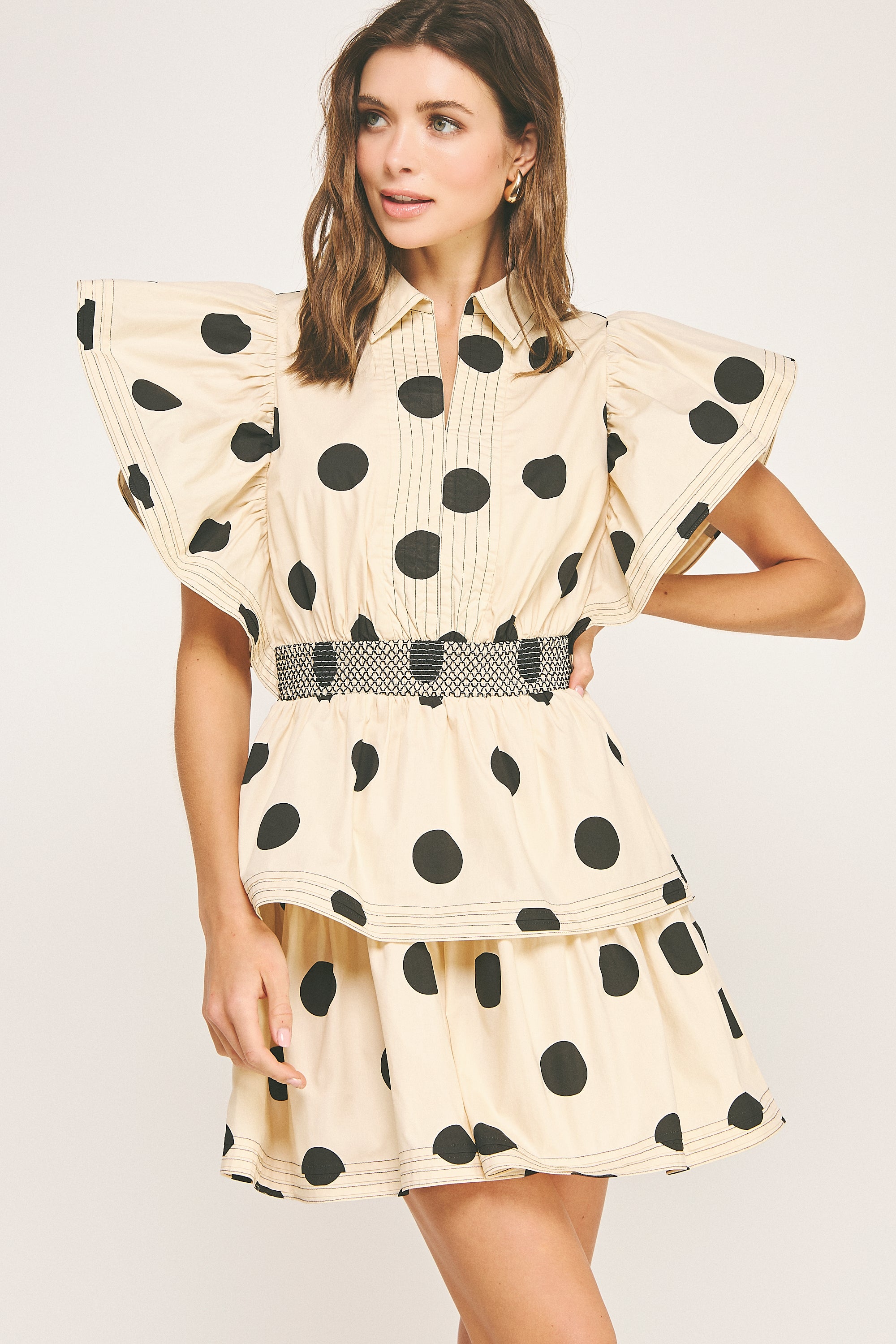 Top Stitch Statement Sleeve Polka Dot Tiered Mini Dress
