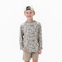 Child wearing a camouflage hoodie and beige shorts on a white background