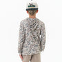 Person wearing a camouflage hoodie and a cap with 'Burlebo' branding on a white background