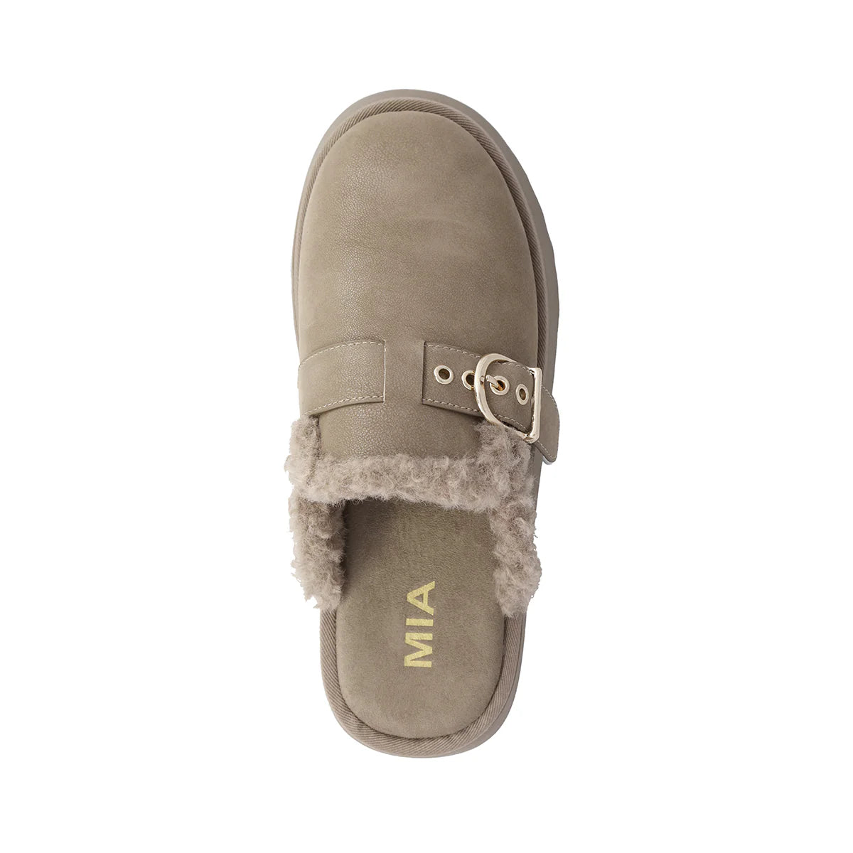 Brown slipper with fur trim and 'MIA' branding on a white background
